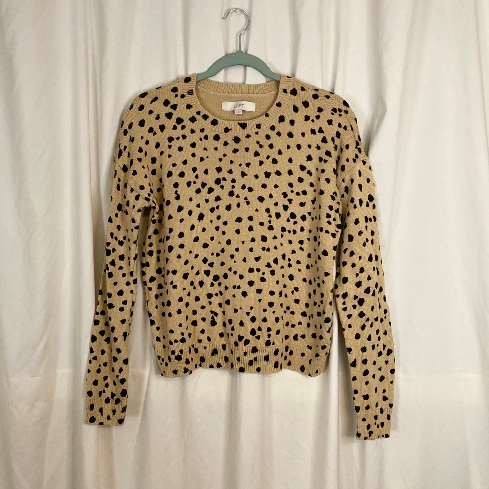 LOFT Sweater Tan Black Spotted Cheetah Leopard Print S 100% Cotton Knit Office